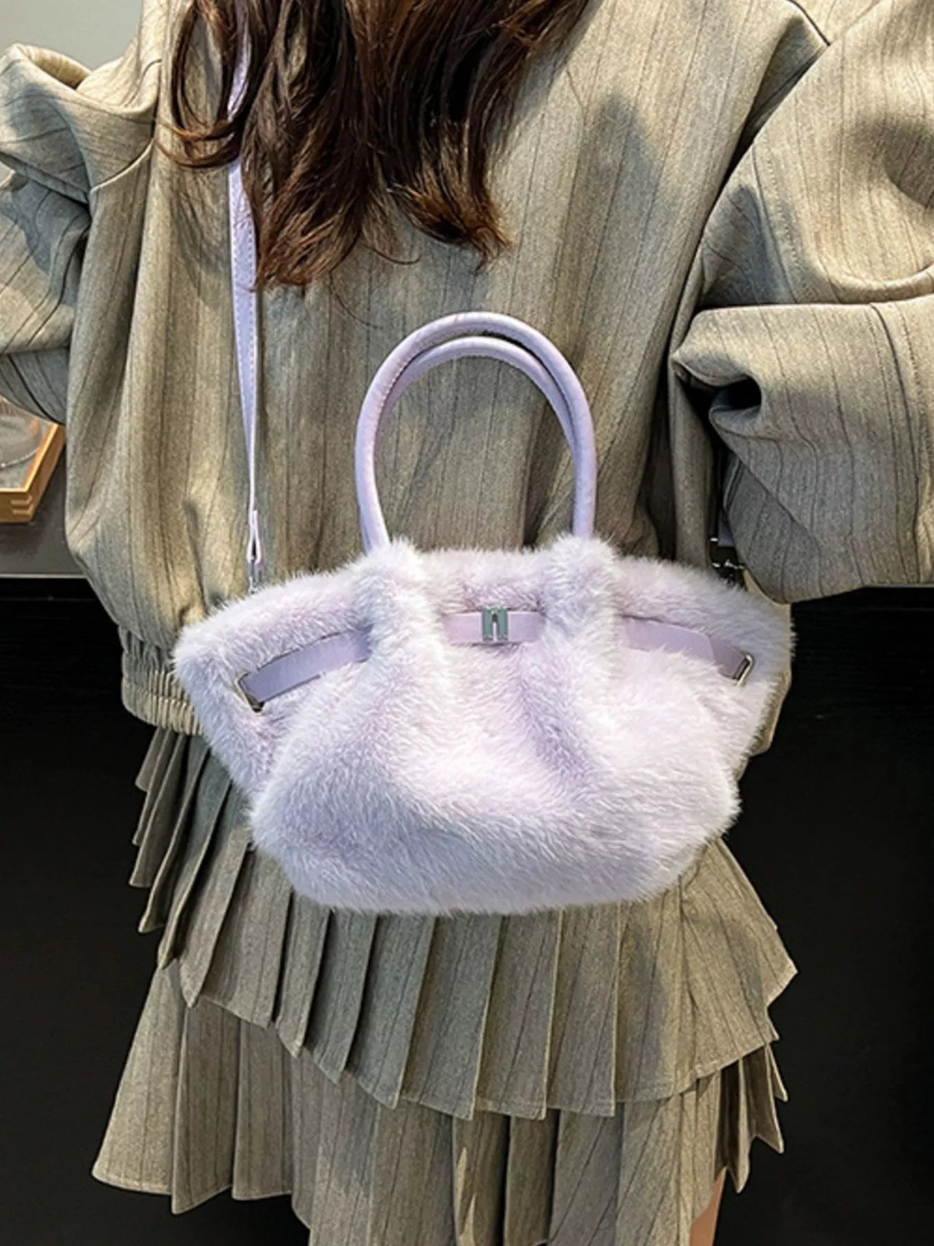 Fluffy Crossbody Bag with Buckle Detail
