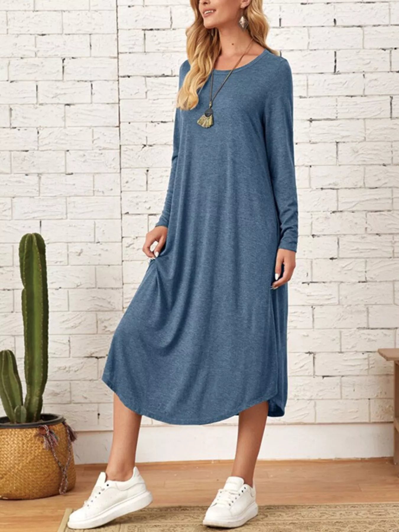 Casual Long Sleeve Pocket Midi Dress