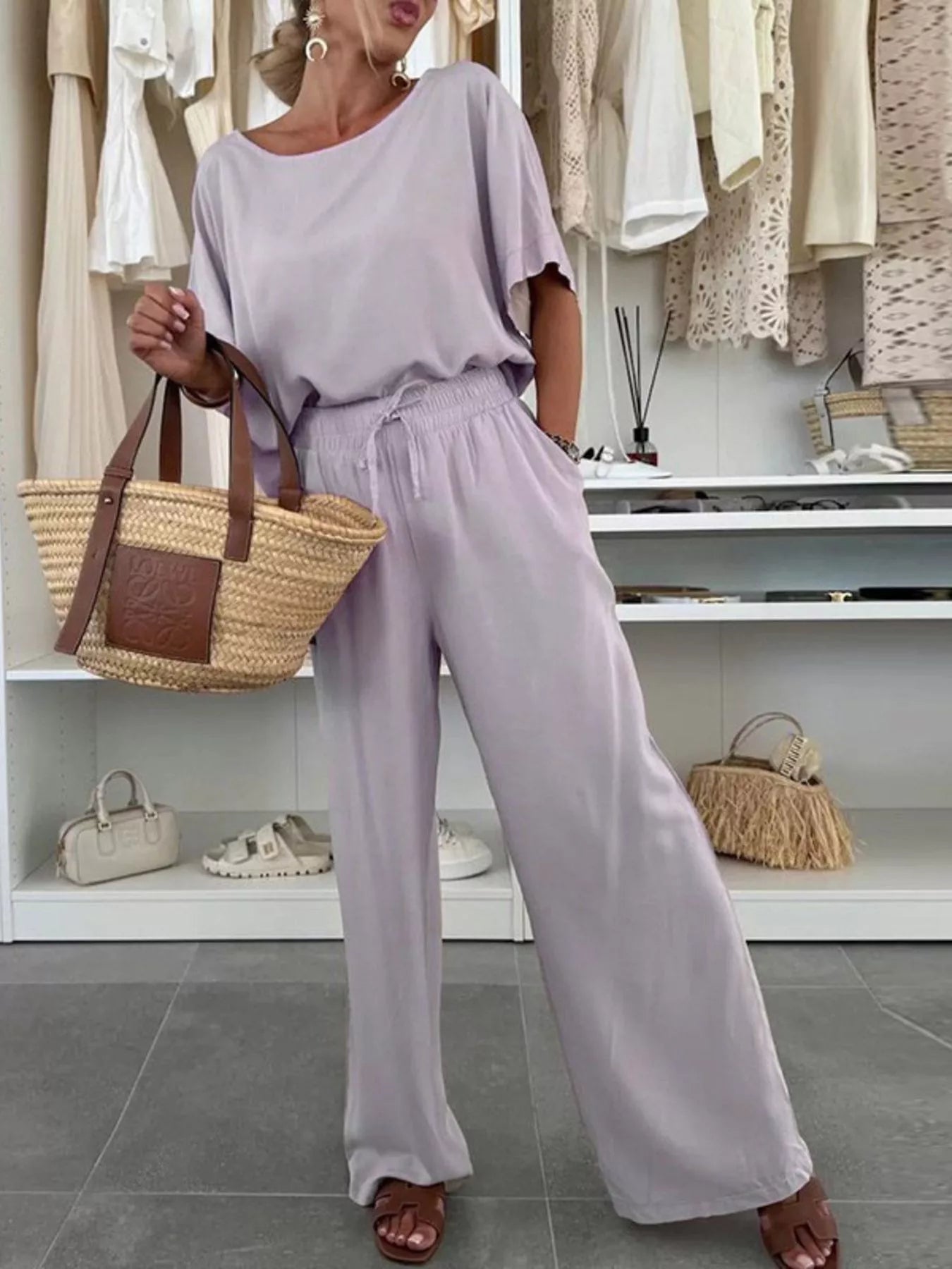 Full Size Casual Loose Round Neck Top and Pants Two-Piece Set Plus Size