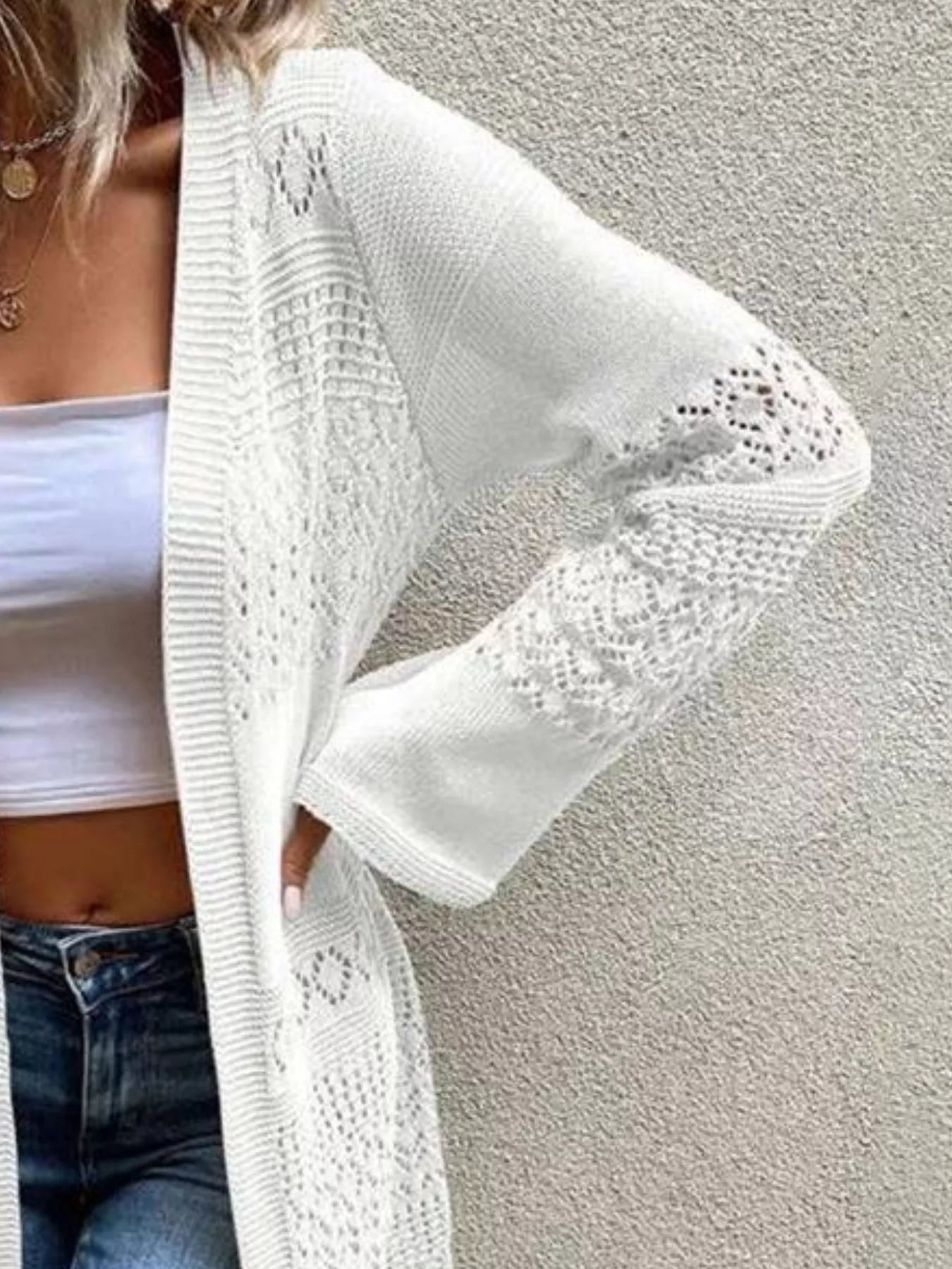 Openwork Open Front Knit Cardigan