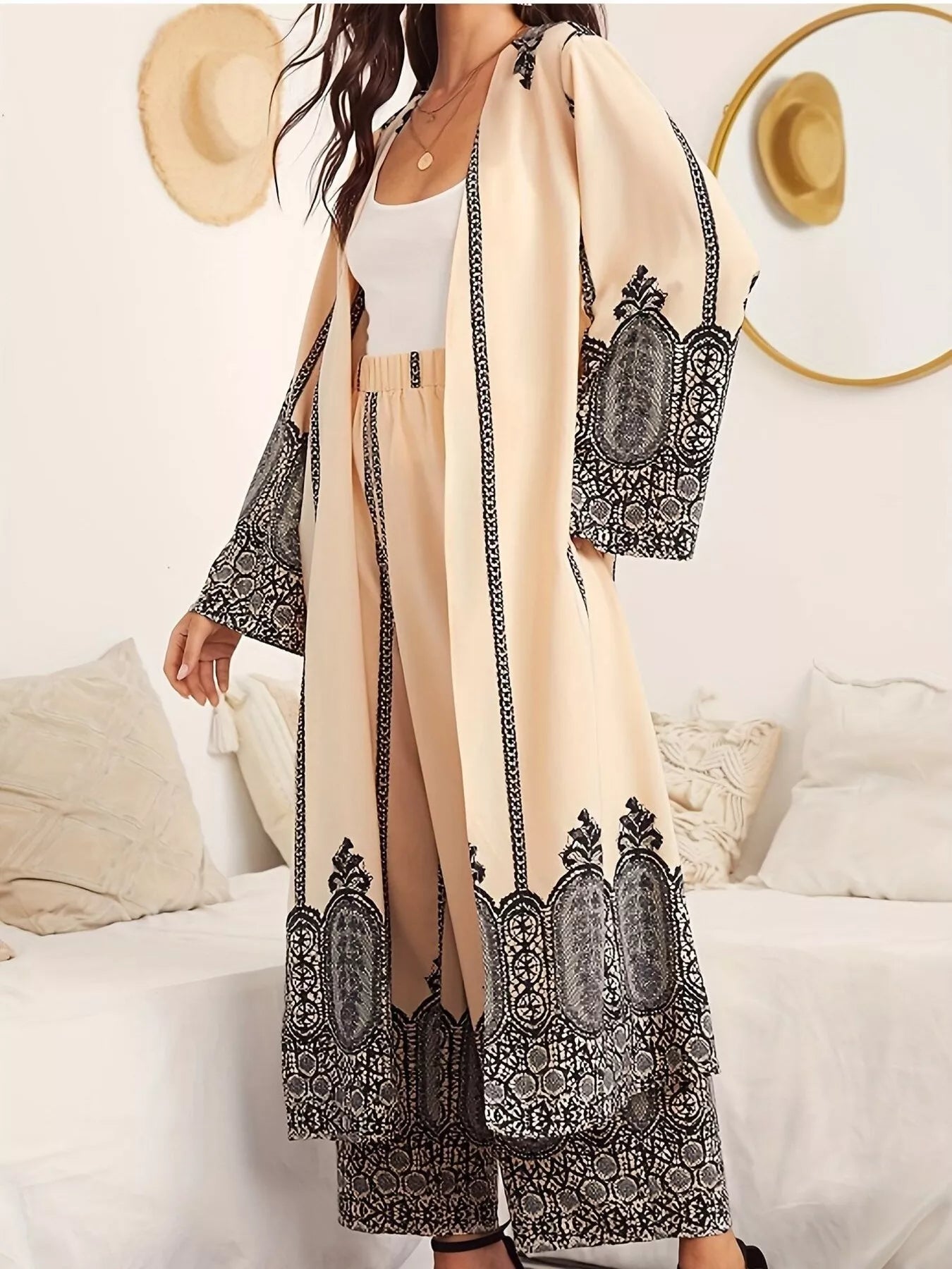Printed Open Front Long Sleeve Cardigan & Pants Set