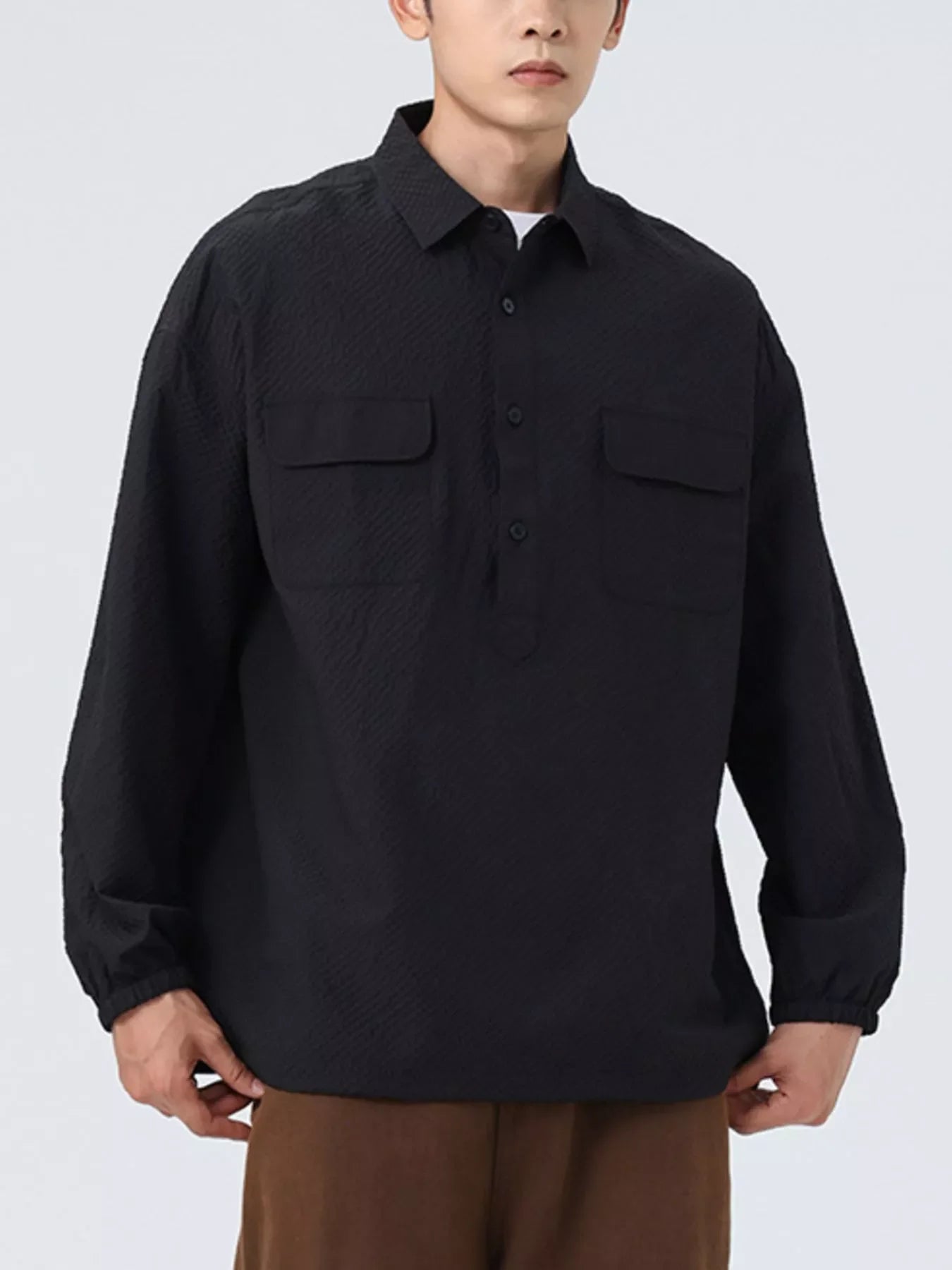 Men's Plus Size Button Detail Textured Relaxed Fit Polo