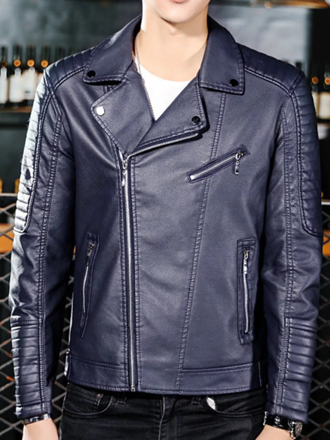 Men's Plus Size Zip Up Faux Leather Biker Jacket