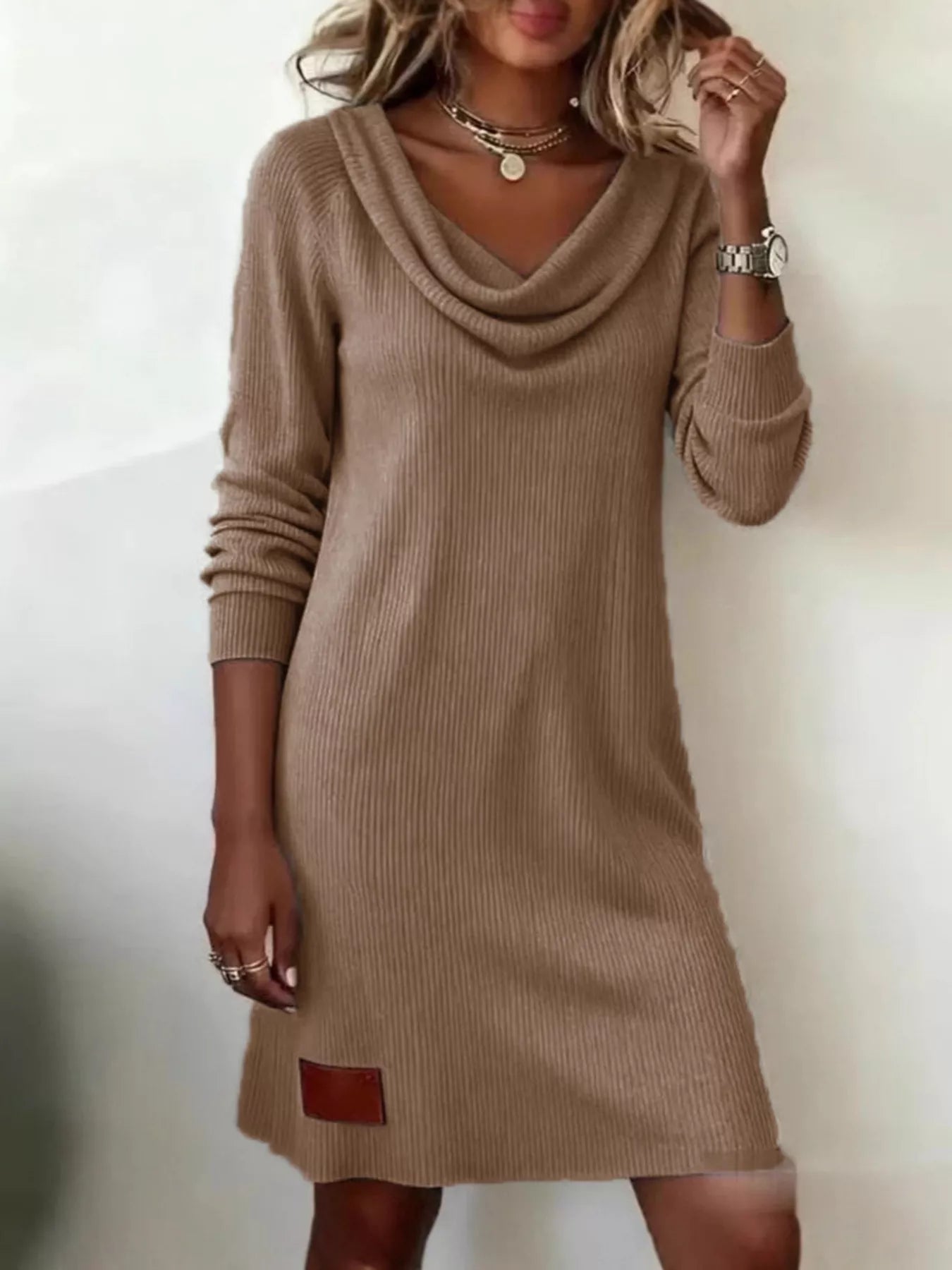 Casual Cowl Neck Ribbed Knit Mini Dress