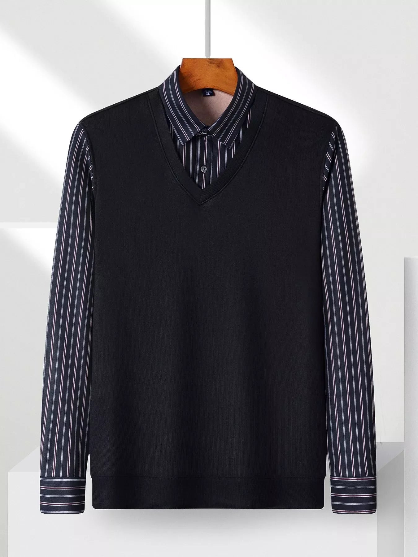 Men's Plus Size Striped Long Sleeve Fake Two-Piece Knit Top