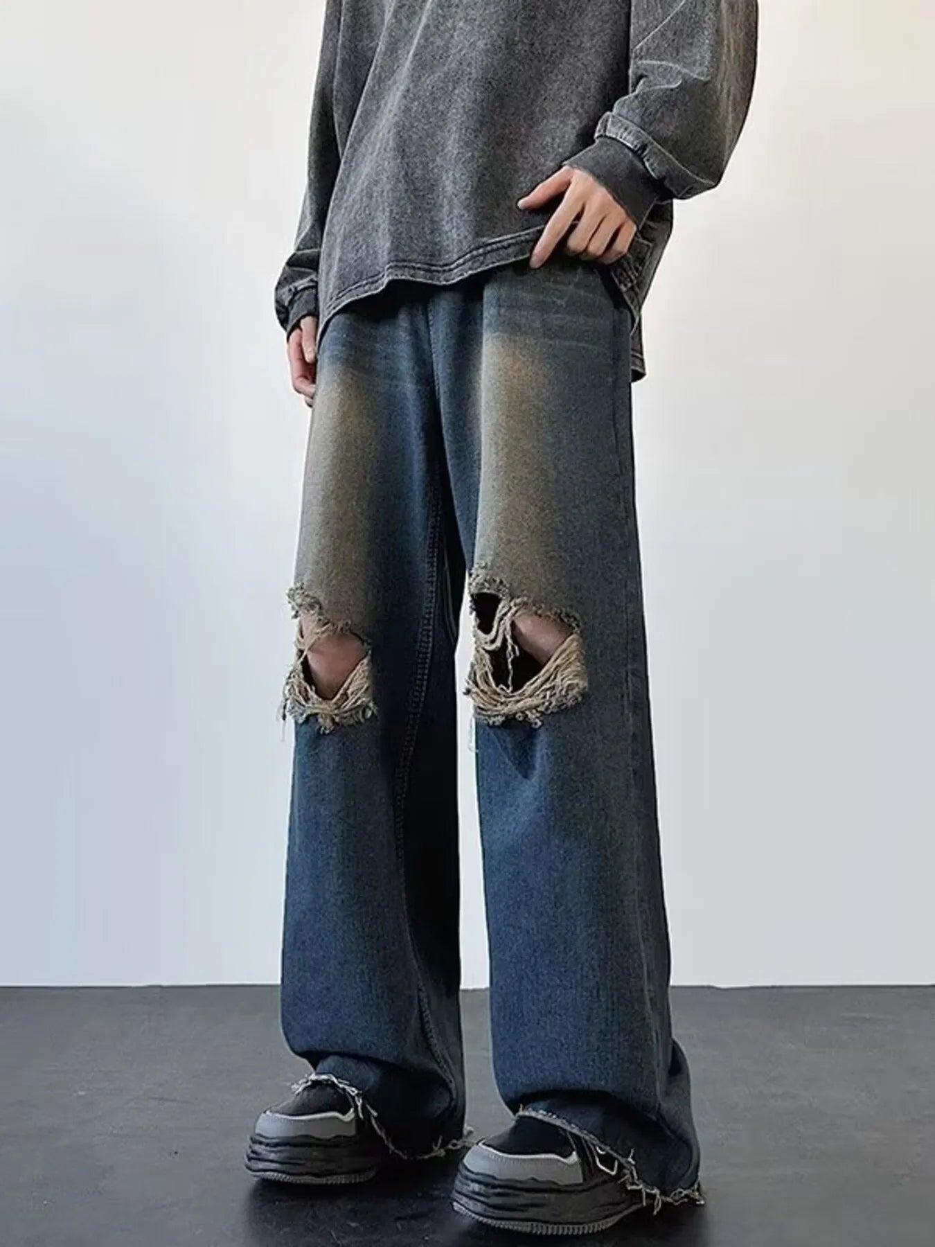 Men's Full Size Distressed Wide Leg Jeans Plus Size