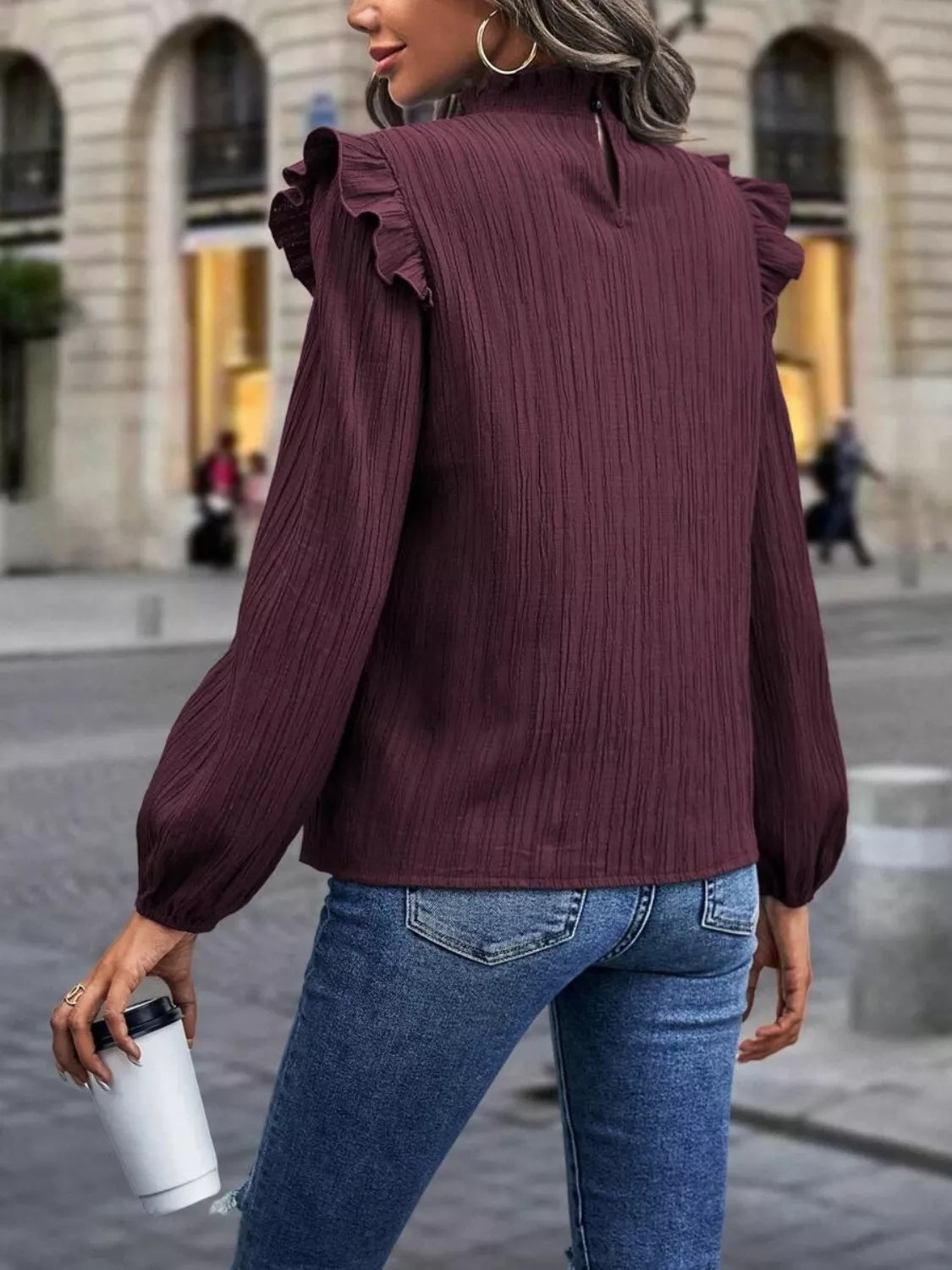 Ruffle Trim Long Sleeve Blouse