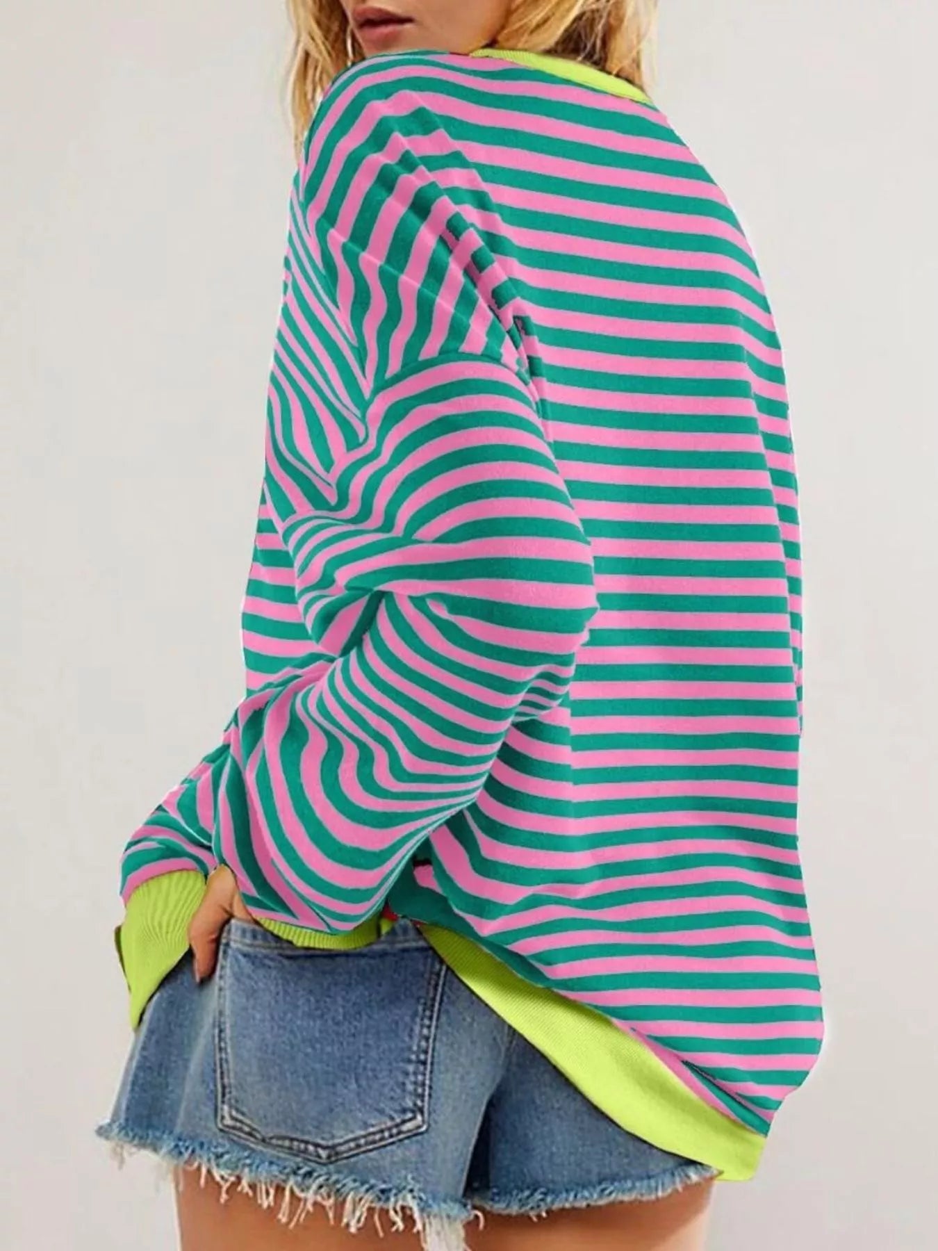 Striped Round Neck Dropped Shoulder Sweatshirt